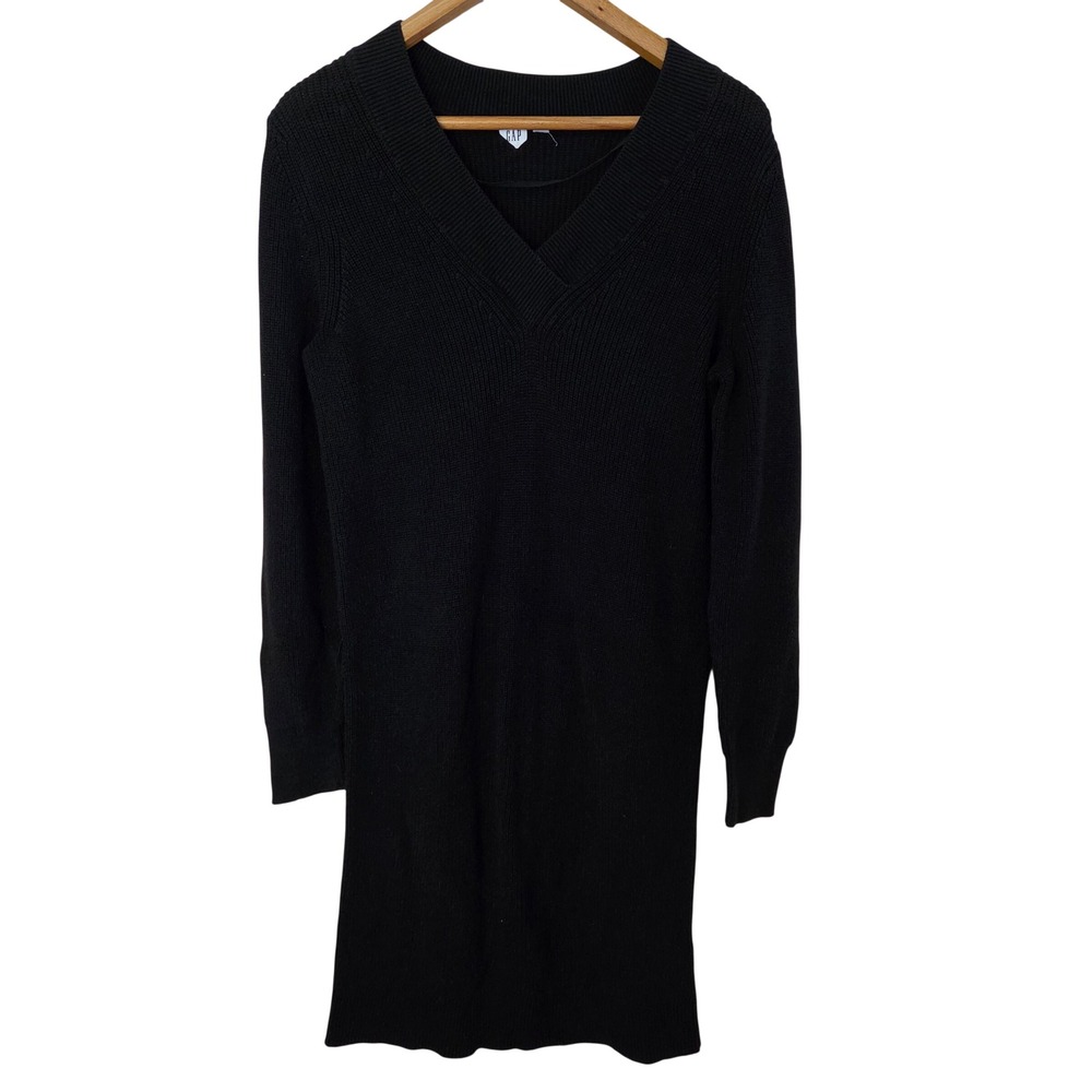 Gap Womens Black Ribbed V-Neck Cotton Knit Sweater Dress Size Medium Long Sleeve